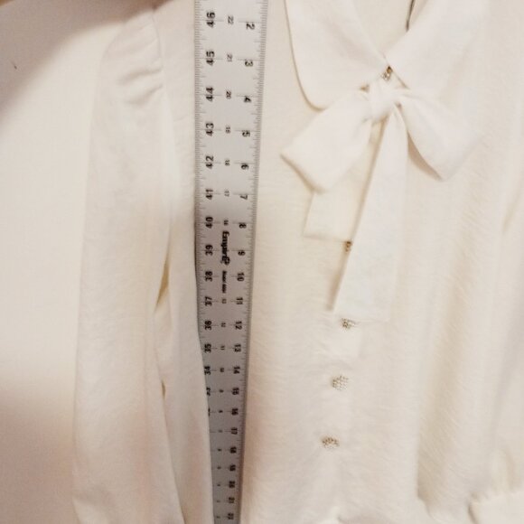 Zara Medium Cream Tie Neck Blouse W/ Decorative Buttons of Clustered Pearl Beads - Picture 12 of 15
